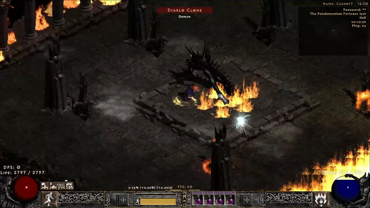 Diablo Clone standing on the raised square platform in the middle of his arena, The Pandemonium Fortress, with dark hooded statues and a burning colonnade around the edges.