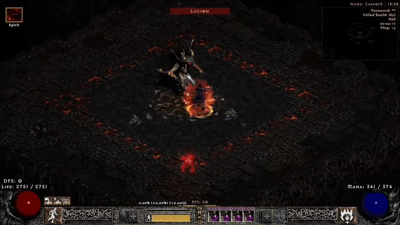 Lucion, a horned winged demon, fighting a player in the middle of a dark stone platform with glowing lava cracks, in the Veiled Realm.