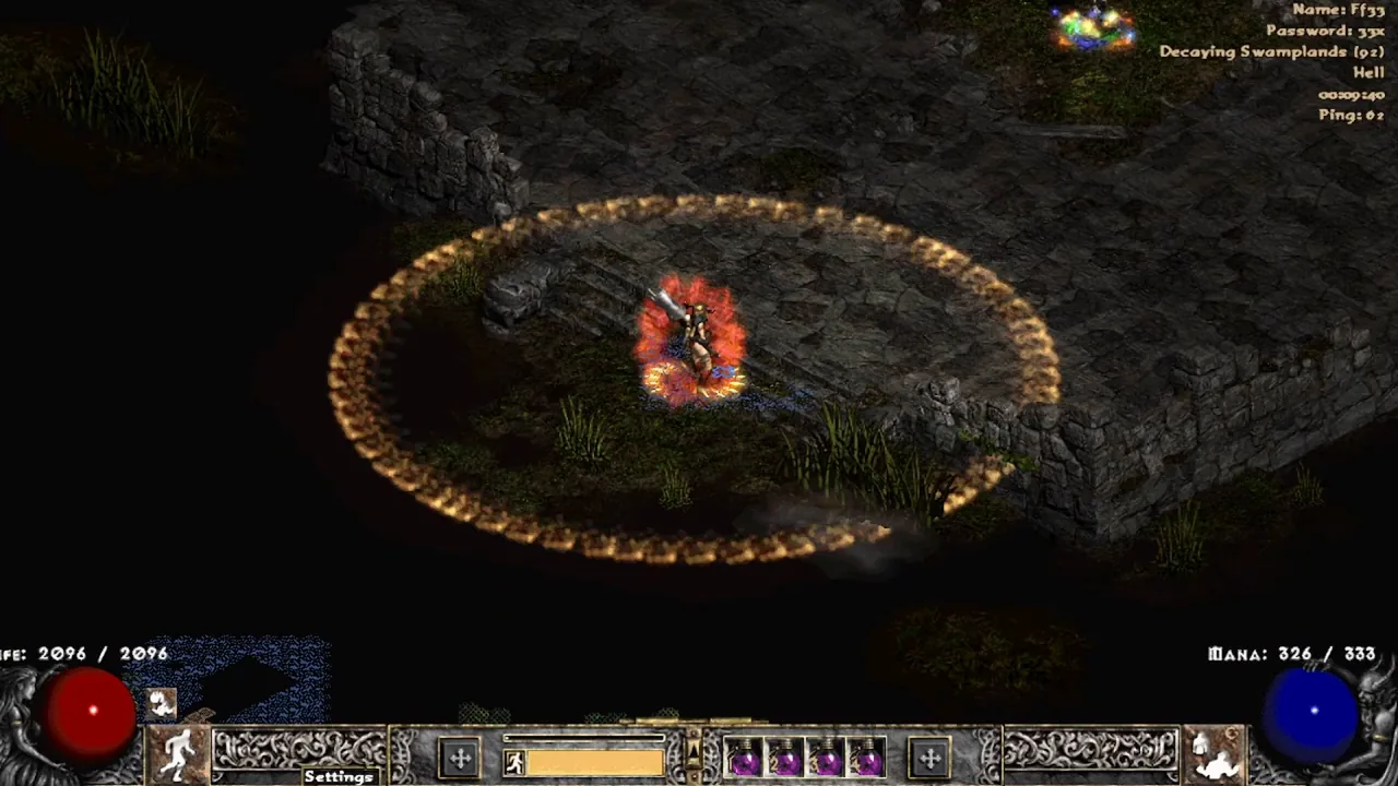 A player on a crumbling stone platform surrounded by dark swamp water and reeds in the Decaying Swamplands.